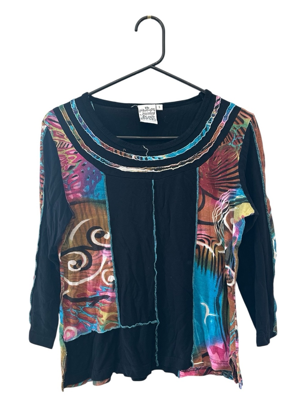 Vintage Y2K Era Parsley & Sage Black Multicolor Patchwork Long Sleeve Top Small